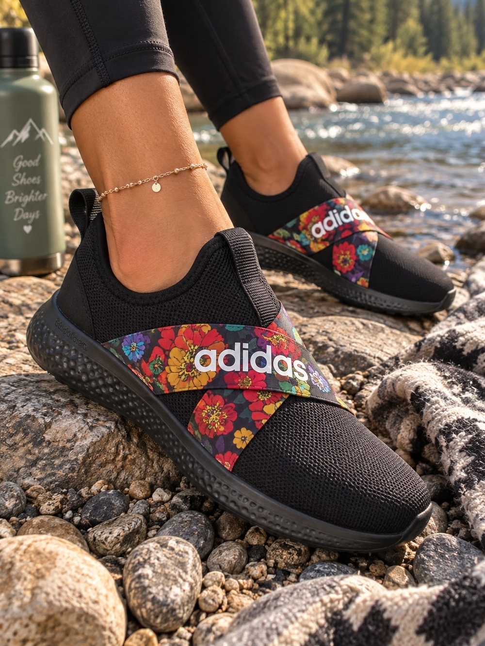 Black Slip-On Sneakers with Multicolor Floral Band